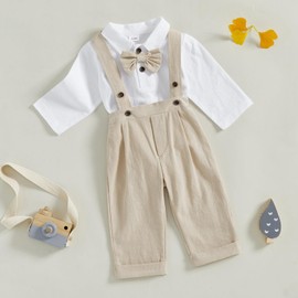 MAHUAOYIXI Newborn Baby Boy Gentleman Suit 0-24M Toddler Infant Boys Fall Winter Outfit Lapel Neck Long Sleeve Rompers Shirts With Bow Tie and Elastic Waist Suspender Pants (Khaki, 6-9 Months)
