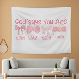LUVADIAN Christian bow Tapestry, pink coquette bow Tapestry,god says you are tapestry, Bible Verses Christian Tapestry Wall Hanging for Bedroom Living Room Decor, Christian Home Decor, 50x60 Inches