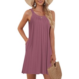 MISFAY Women's Beach Cover Up Tank Dress 2024 Casual Vacation Short Summer Halter Dresses with Pockets,Mauve,M