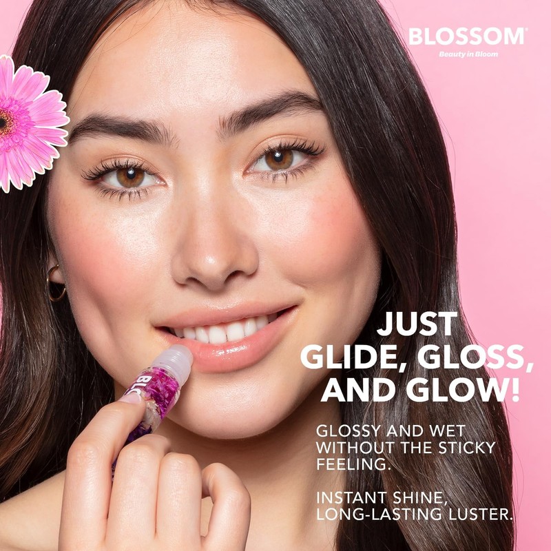 Blossom Brillo de labios enrollable, impregnado con flores reales, fabricado