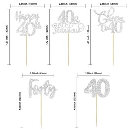 Paquete de 30 adornos para magdalenas de feliz cumpleaños 40 cumpleaños con purpurina plateada, 40 saludos a 40 años de edad, para decoración de pasteles de feliz cumpleaños 40 aniversario