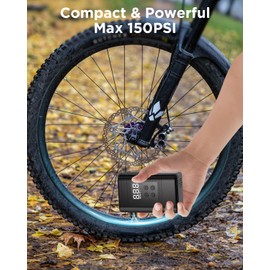 Electric Bike Pump, 150 PSI Portable Bicycle Pump with Digital Pressure Gauge, Auto Shut-Off & LED Light, Air Pump Tyre Inflator with Presta & Schrader Valves for E-Bikes, Road & Mountain Bikes