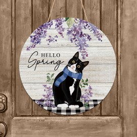 YINENA Hello Spring Cat Floral Lavender Door Sign Wood Door Hanger for Outdoor Outside Porch Holiday Farmhouse Wooden Indoor Wall Hanging Decoration