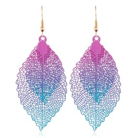 Caiyao Leaf Long Pendant Necklace Dangle Earrings Jewelry Set Delicate Colorful Filigree Long leaves Necklace Unique Bohemian Double Layer Leaf Charm Earrings for Women - Blue Purple