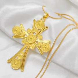ETH-JE-G Ethiopian Cross Jewelry for Women, Ethiopian Traditional Jewelry Large Cross Ethiopian Cross Pendant Necklaces Womens Gold Color Eritrean African Ethnic Wedding Jewelry (17.7 Inches /45 cm)
