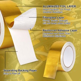Aluminized Fiberglass Heat Shield Tape Self Adhesive Fiberglass Thermal Insulation Tape Heat Reflective Tape Heat Resistant Tape Heat Barrier for Air Dryer Vent, AC/Heating Unit, Hose and Pipe Intake