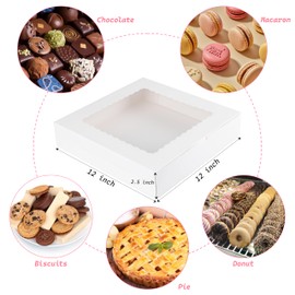 Yeplan 10-Pack Cookie Boxes with Window, 12x12x2.5 Inch Bakery Boxes, White Treat Boxes for Desserts, Donuts, Muffins, Pies, Chocolates - Pastry Packaging for Baked Goods