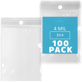 GPI - 3" X 4" Clear Plastic Zip Bags, 100 Count, Heavy-Duty 4 Mil Thick Durable Poly Baggies With Resealable Zipper Lock, Hang-Hole For Display.