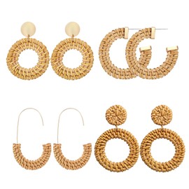 CEALXHENY Rattan Earrings for Women Handmade Straw Wicker Braid Drop Dangle Earrings Lightweight Geometric Statement Earrings (E 4PC Set)