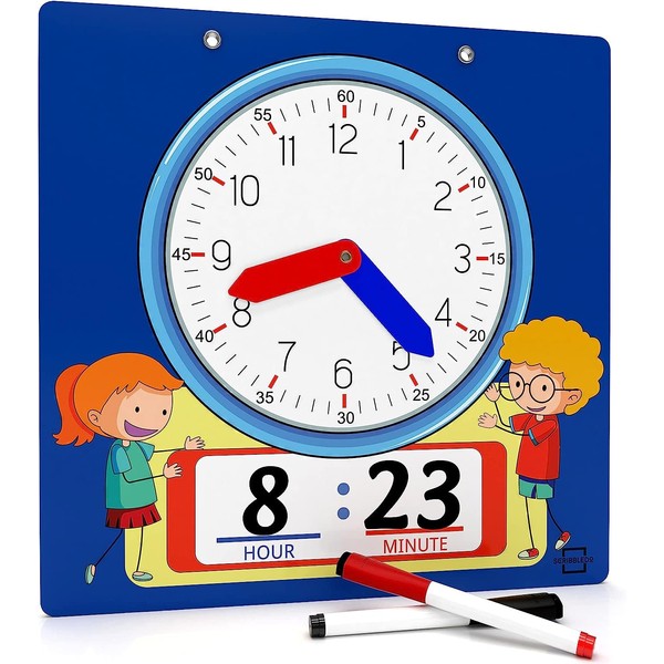 Scribbledo Writable Dry Erase Learning Clock for Kids Write & Wipe Demonstration Clock for Kids Learning to Tell Time Classrooms and Homeschool Supplies