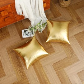 LiiZee Pack of 2 Decorative Throw Pillow Covers Modern Metallic Shiny Cushion Cover, Faux Leather Soft Square Pillowcase for Sofa/Bed/Party, 18 x 18 Inch Gold