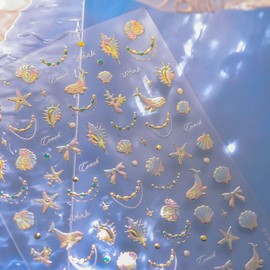 Summer Nail Art Stickers Decals Golden Ocean Theme 5D Embossed Nail Decals 1PCS Starfish Shell Conch Whale Summer Nails Design Adhesive Sliders Shiny Cute Bow Pearl Chain Manicure Stickers for Women