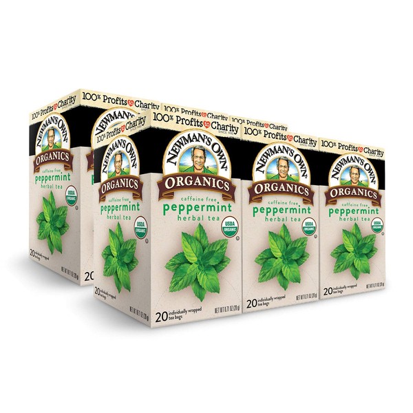 Newman's Own Organic Peppermint Tea Caffeine Free Refreshing Mint Herbal Tea That May Aid Digestion with 20 Individually Wrapped Tea Bags Per Box (Pack of 6) USDA Certified Brew Hot/Cold
