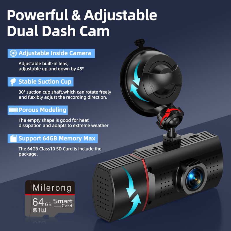 Dual Dash Cam Front and Inside with 64GB Card,Milerong X25