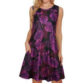elescat Summer Dresses for Women Casual Beach Sleeveless Sundress Scoop Neck Swing Tank Dress with Pocket(Purple Leaves, XL)