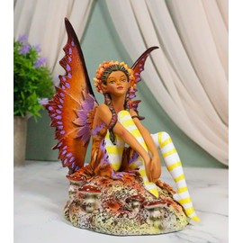 Ebros Gift Amy Brown FAE Garden Fantasy Fall Ebony Fairy Sitting On Rock Autumn Winds Collectible Figurine Midsummer Night Dream Romance Faery Figurine
