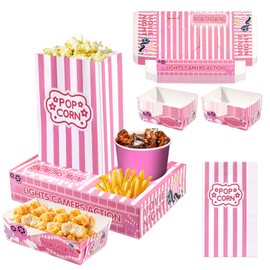 Rzoklot Pink Movie Night Party Supplies: 24 Snack Boxes, 12 Food Trays, 12 Popcorn Bags – Cute Disposable Snack Holders for Girls' Night, Birthday Party, or Home Theater