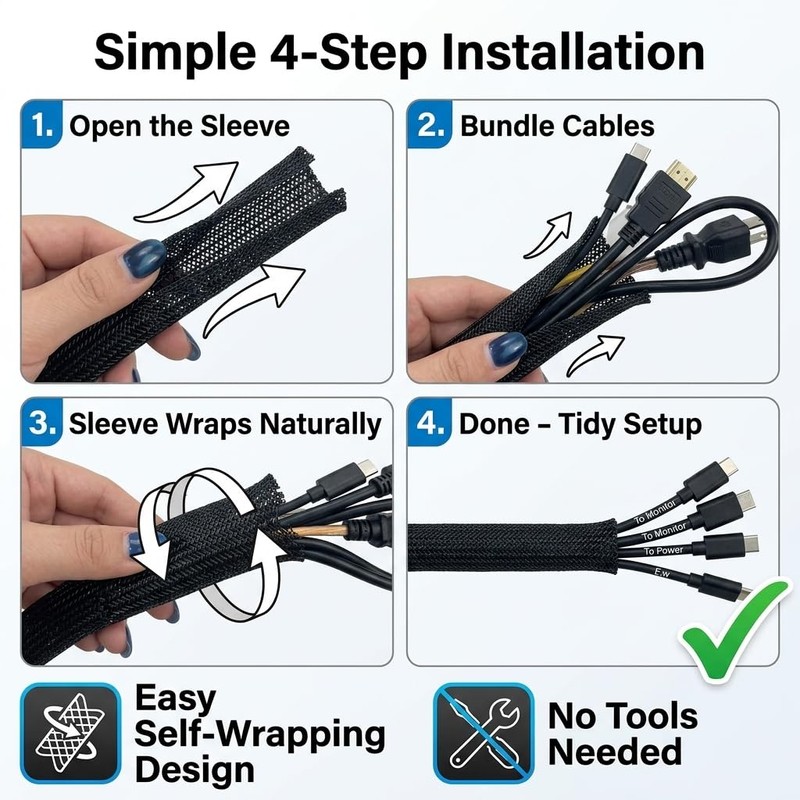 Cable Management Sleeve 10ft, Cat & Dog Chew Resistant Cord