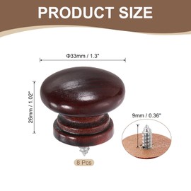 sourcing map 8Pcs Round Wood Drawer Knob, 1.3" x 1.02" Self-Tapping Solid Wood Handle Round Cabinet Knob Mushroom Shape Wooden Knobs for Furniture Dresser Wardrobe, Tea Red
