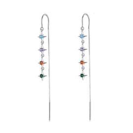 Bellitia Jewelry 925 Sterling Silver Stars CZ Earrings with Chain for Women Girls Long Threader Earrings Chain Pull Through Earrings Hypoallergenic Earrings, Cubic Zirconia Sterling Silver, Cubic