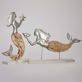 Contemporary Home Living Set of 2 Wood and Metal Mermaid Figurines, 16"