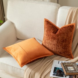 YAERTUN Pack of 2 Chenille Textured Decorative Cushion Covers Accent Solid Throw Pillow Covers Soft Cozy Pillow Case with Velvet Back for Couch Sofa Bed Living Room 20x20 Inch 50x50cm Burnt Brick