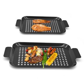 Grill Topper Non-Stick Stainless Steel BBQ Tray with Holes Outdoor Grilling Pans for Meat Vegetables Set of 2 (16.5" x10" and 13"x7.4") (Black)
