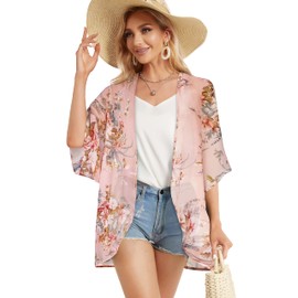 Womens Floral Print Kimono Chiffon Cardigan Casual Flowy Jackets Clothing(Flowers Pink, M)
