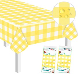 SietDESEO 2 Pack Yellow Gingham Tablecloth 54 x 108 Yellow and White Checkered Table Cloth for Rectangle Table Disposable Plastic Table Cover for Party Outdoor Picnic Wedding Yellow Plastic Tablecloth