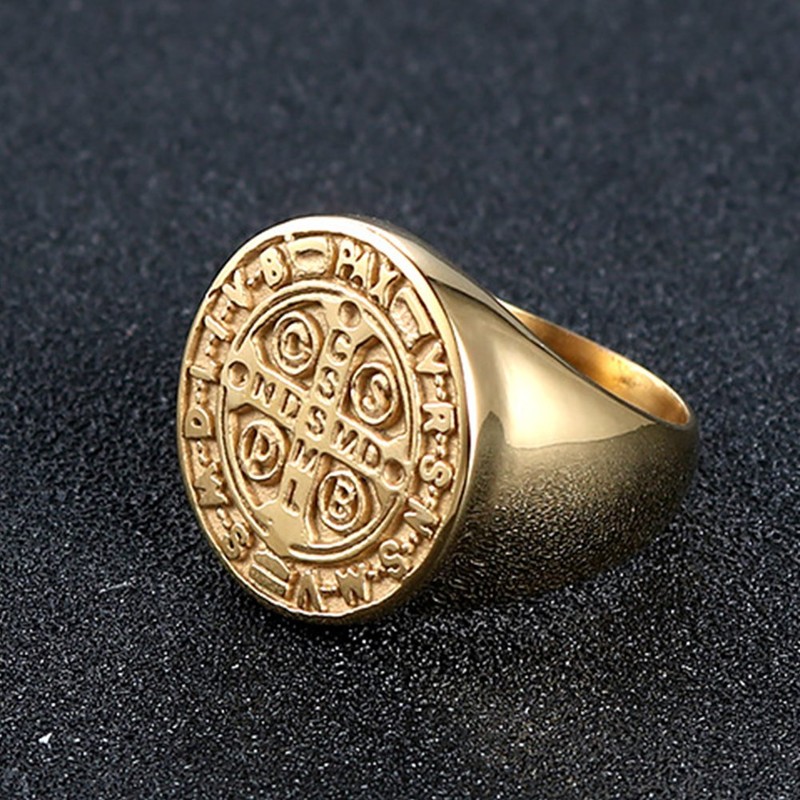 JAJAFOOK Men Gold Plated Stainless Steel Catholic St Benedict Exorcism
