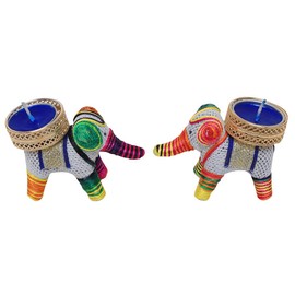 Aditri Creation 手作りエレファントティーライトホルダー2セットラッキーチャームティーライトキャンドルホルダースタンドTライトデコレーション新年ギフト装飾照明アクセサリー(ワックスなし) マルチカラー、ホワイト