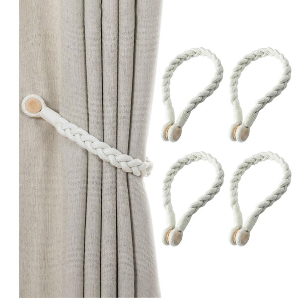 Magnetic Curtain Tiebacks, Cotton Hand Woven Window Curtain Holdback Tie Backs for Home Office Balcony Decor with Wooden Buckle(White, 2)