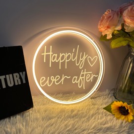 Happily Ever After Neon Sign Dimmable LED Neon Lights Sign for Wall Decor USB Powered LED Sign for Wedding Anniversary Valentine's Celebrations Bedroom Art Sign Decorations 30CM*30CM