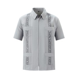 EUMAYA Mens Casual Shirts Guayabera Short Sleeve Zipper Cuban Shirts Mexico Style(Gray,M)