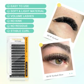 NAGARAKU 8D W Eyelash Extensions, Eyelash Extension, Self-Fanning Lash, Pre-Fanned Ready-to-Use Fan Weave with Long Handle, Premade Fans Volume Cluster, Mega Matte Black (0.07 mm C Curl, 8-12 mm Mix)