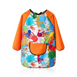 Kids Art Painting Apron,Art Apron for 6-8 Kids/Children/Toddle,Waterproof Oil Resistant Graffiti Childrens Aprons,Long Sleeves with Large Pockets,for Boy Girl Cooking,Eating,Craft,School (Orange)