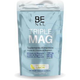 BE NAT MAGNESIO 180g en Polvo de Alta absorción, Sabor Natural limón A base de 3 Magnesios: Glicinato, Citrato, Treonato y Vitamina C Ingredientes 100% Puros TRIPLE MAG Suplemento Alimenticio Premium.