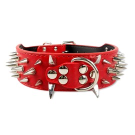 2" Wide Spiked Dog Collars, Leather Dog Collars for Large Medium Dogs, Pit Bull Mastiff Rottweiler,Pitbull,Labrador, Boxer (L:19-22", Red)