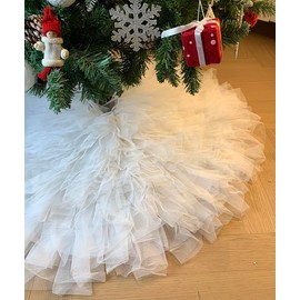 AOGU 60 Inch Fluffy Tulle Christmas Tree Skirt Vintage and Elegant Design Perfect for Christmas Tree Decorations White