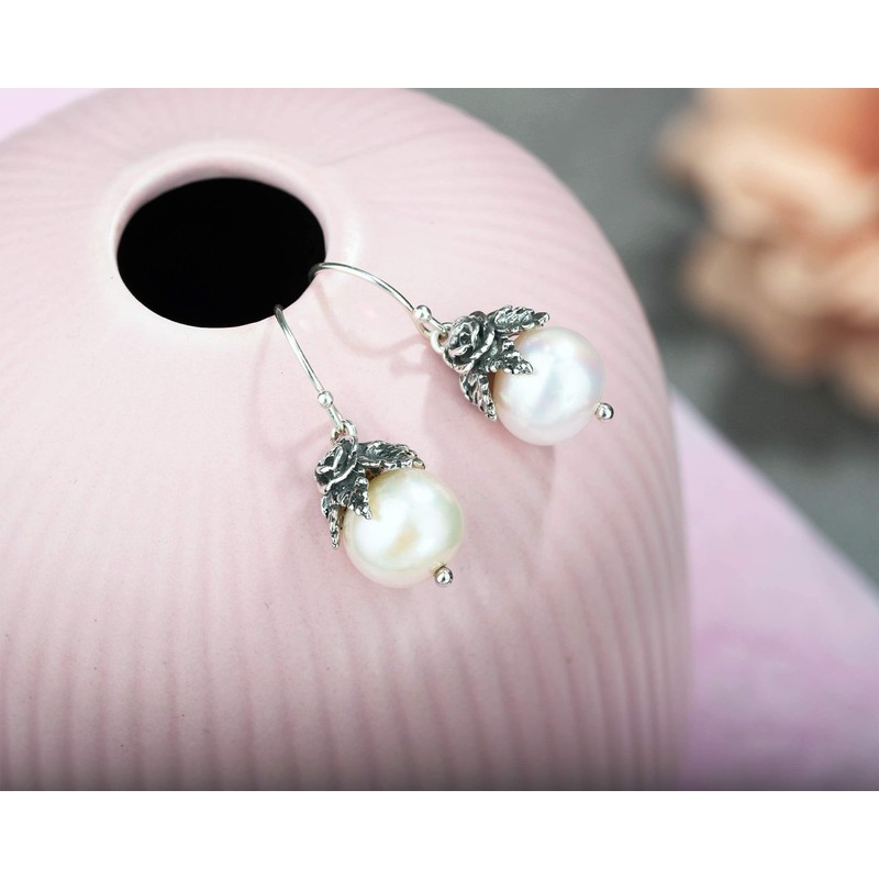 925 Sterling Silver Pearl Dangle Earrings for Women, Real Freshwater