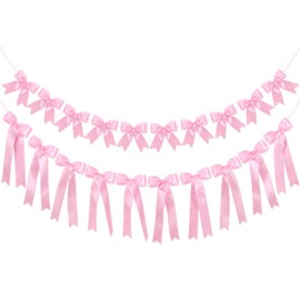 2Pcs Pink Ribbon Bow Banner Garland, Bow Party Decortions, Girls Bow Birthday Decorations, Baby Shower Decor, Tying The Knot Bridal Shower Wedding Party Supplies
