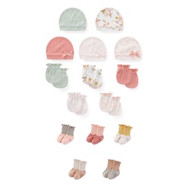 JELYLOVE 15 Pack Unisex New Born Boy Girls No Scratch Mittens Sets Cotton Soft Baby Gloves Hats socks Accessory 0-6 Months