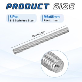 sourcing map 8Pack M6x65mm Fully Threaded Rod, 316 Stainless Steel Right Hand All Thread Screw Studs for Furniture Assembly Fastening, 1mm Pitch
