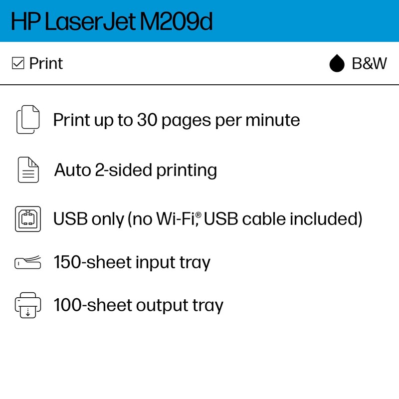 HP LaserJet M209d Laser Printer, Black and White, Automatic Duplex,