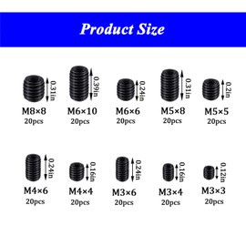 Allen Head Socket Set Screw - M3/M4/M5/M6/M8 200Pcs 304 Stainless Steel Internal Hex Drive Grub Screw Assortment Kit Black
