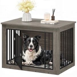 YITAHOME Dog Crate Furniture for Large Dogs, Side End Table, Modern Dogs Kennel Indoor up to 60 lb, 2-in-1 Iron-Wood Fusion Dog Cage with Waterproof Top, Safety Corners, Steel Lock,38" L,Greige