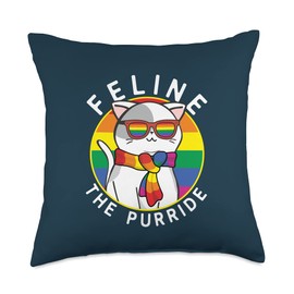 Gay Pride Cat Feline The Purride Gifts Gay Pride Cat Rainbow Sunglasses Feline The Purride Pun Cute Throw Pillow, 18x18, Multicolor