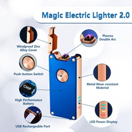 RSBYE Electric Lighter,Dual Arc Plasma Lighter with LED Battery Indicator, Rechargeable Windproof Flameless Electric Lighters with Gift Box(Blue)