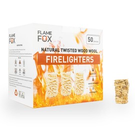 Flamefox Wood Wool Fire Starters 50pcs - Quick Lighting, Easy Ignition, Long & Clean Burning - Natural Fire Starter for Fireplace, Wood Stove, Smoker, Pizza Oven, BBQ, Camping