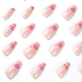 Press on Nails Medium Square Fake Nails with Flowers Designs Glossy Full Cover False Nails Artificial Acrylic Stick on Nails Glue on Nails Summer Exquisite Static False Nails for Women 24Pcs